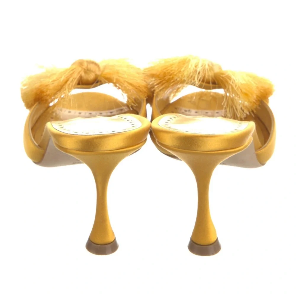 MANOLO BLAHNIK RAILDA FRINGE BOW PEEP-TOE MULES Yellow Gold 38 NEVER WORN - Picture 3 of 8